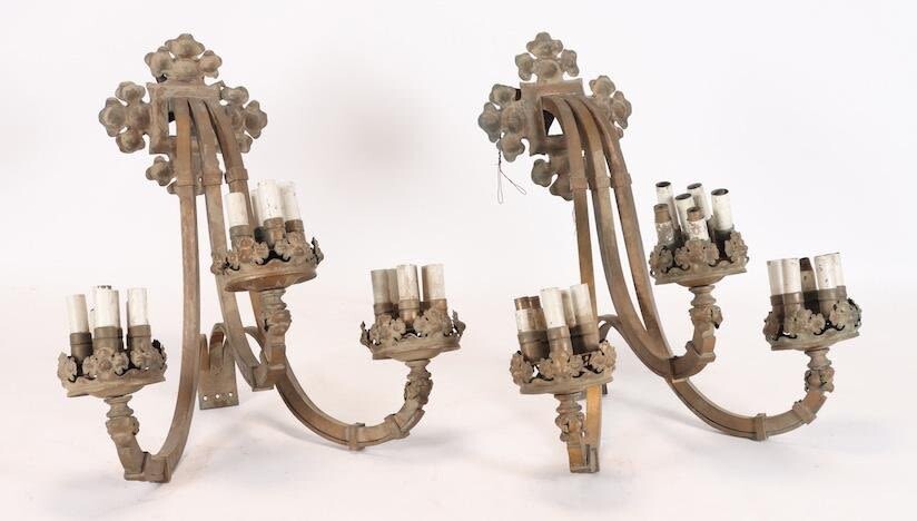 PAIR LARGE GOTHIC INSPIRED 3-ARM WALL SCONCES