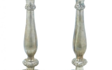 PAIR OF CONTINENTAL SILVER-PLATED SABBATH CANDLESTICKS. Of tapering form...