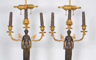 PAIR OF EMPIRE STYLE ORMOLU AND PATINATED BRONZE FIGURAL CANDELABRA
