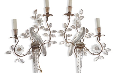 PAIR OF MAISON BAGUES GILT-METAL AND ETCHED MIRRORED TWO-LIGHT SCONCES 25 1/2 x 15 1/2 in. (64.8 x 39.4 cm.)