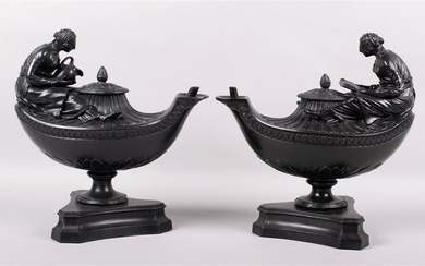 PAIR OF WEDGWOOD & BENTLEY BLACK BASALT FIGURAL 'VESTAL' AND 'READING' OIL LAMPS AND COVERS