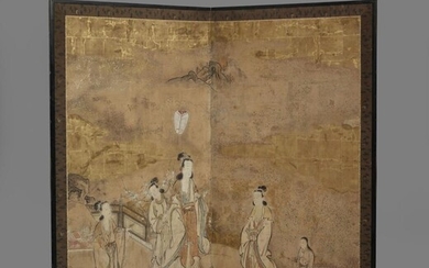 PARAVENT À DEUX FEUILLES SUR PAPIER À FOND D'OR ET KIRIKANE, Japon, époque Edo, XVIIIe siècle