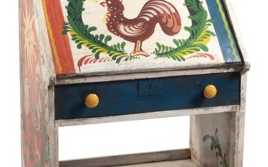 PETER HUNT-DECORATED LADY'S FALL-FRONT DESK Painted decoration throughout. Top with a smiling sun, front with a rooster and interior..
