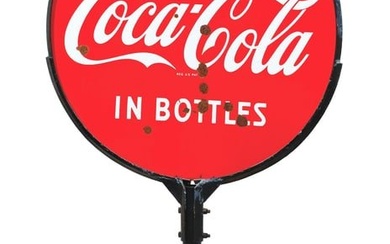 PORCELAIN COCA-COLA DRINK IN BOTTLES LOLLIPOP SIGN W/ CAST IRON BASE