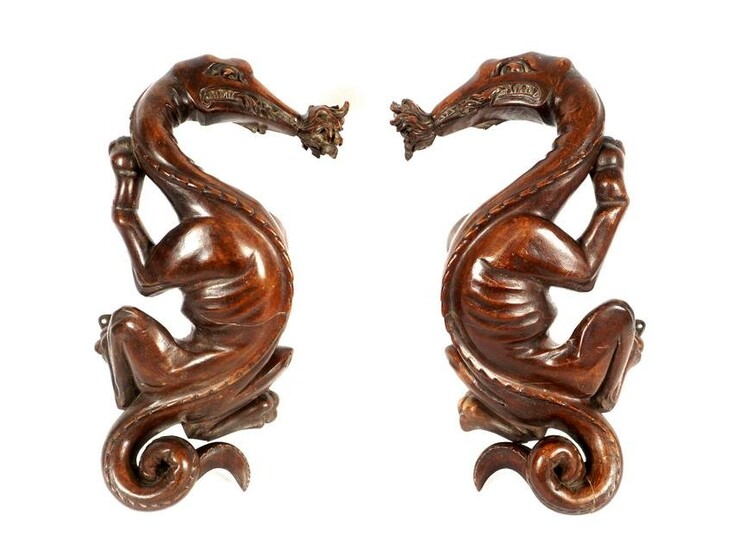 Pr Important English Carved Dragon Curtain Rod Holders