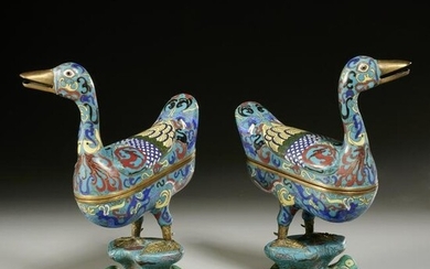 Pair Chinese cloisonne duck-form censers