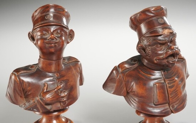 Pair Continental carved wood caricature busts