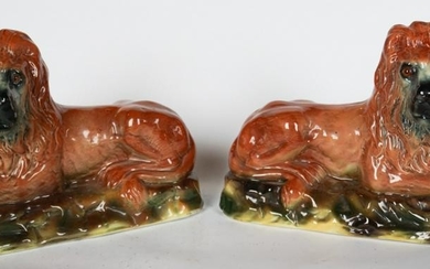 Pair English Figural Staffordshire Pottery Lions
