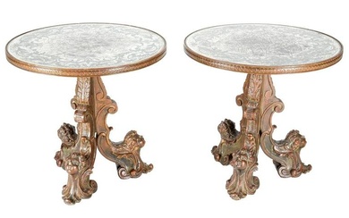 Pair Italian Carved Baroque Mirror Top Side Tables