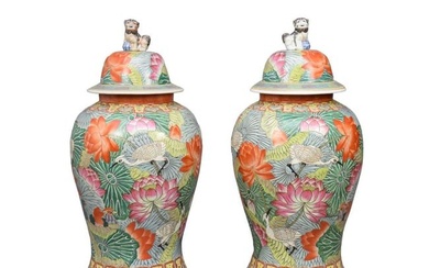 Pair Large Covered Floral Design Urns with Water Fowl Design & Foo Dog Finials, 33"h