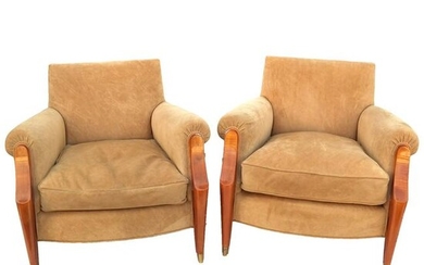 Pair Modern Mahogany & Suede Arm Chairs