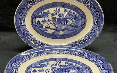 Pair Vintage Ceramic Blue Willow Serving Plates