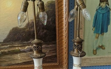 Pair c1920's Milk Glass Arabic Theme Table Lamps