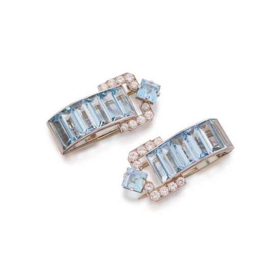 Pair of Aquamarine and Diamond Dress Clips, Cartier
