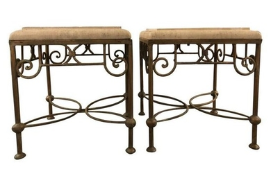 Pair of Beveled Edge Stone and Iron Side Tables