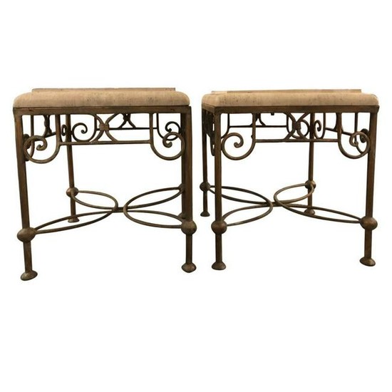 Pair of Beveled Edge Stone and Iron Side Tables