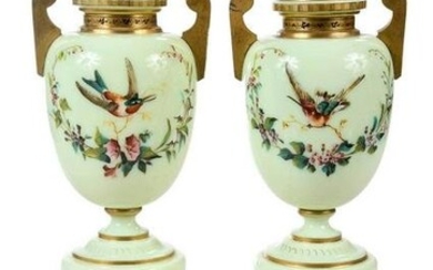 Pair of Bristol Custard Glass Lidded Urns