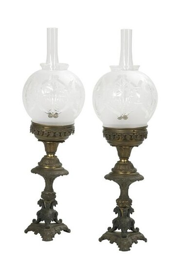 Pair of Cast Metal, Brass and Glass Argand Lamps