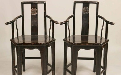 Pair of Chinese Black-Painted Hardwood Armchairs