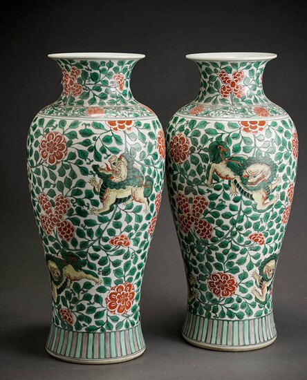 Pair of Chinese 'Famille Verte' Baluster-Form 'Mythological Lion' Vases, 20th Century