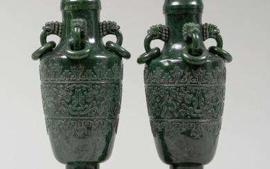 Pair of Chinese Spinach Jade Vases and Covers