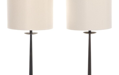 Pair of Contemporary Blackened Iron Table Lamps With Drum Shades