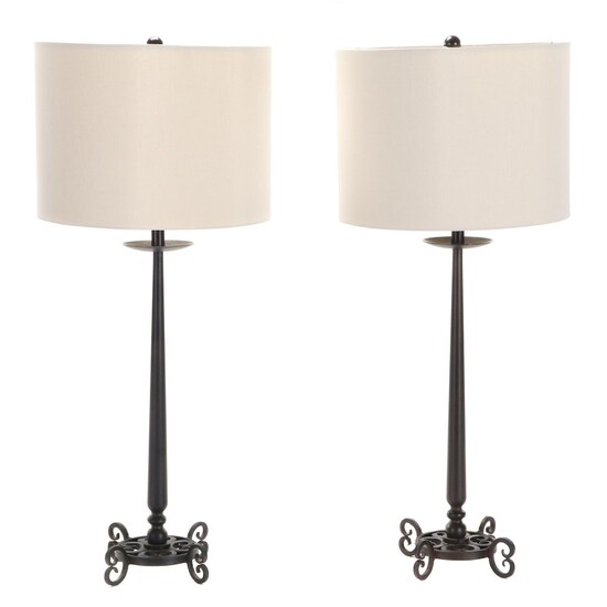 Pair of Contemporary Blackened Iron Table Lamps With Drum Shades