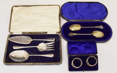 Pair of Edward VII silver trefid spoons, three-piece serving set, etc