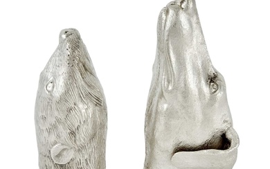 Pair of English Sterling Silver Fox and Otter Stirrup Cups William Comyns & Sons, London, 1966