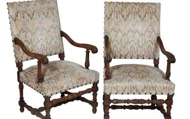 Pair of French Louis XIV Style Walnut Fauteuil, 19th c., rectangular backs, down swept foliated