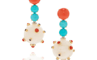 Pair of Gold, Turquoise, Coral, Sapphire and Diamond Pendant Earclips