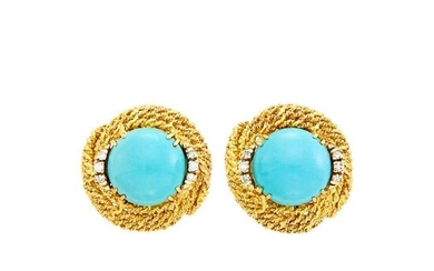 Pair of Gold, Turquoise and Diamond Earclips