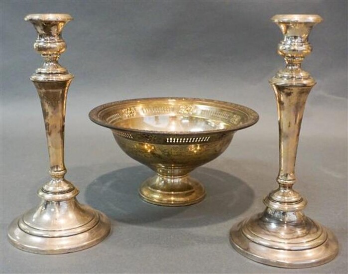 Pair of Gorham Weighted Sterling Silver Tall Candlesticks and a Weighted Sterling Silver Center Bowl