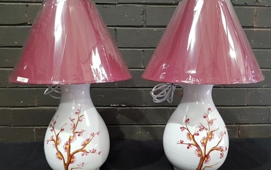 Pair of Italian White Ceramic Table Lamps with Hand Painted Cherry Blossoms - 2631 (H:52cm)