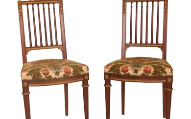 Pair of Louis XVI Style Gilt-Metal Mounted Mahogany Side Chairs