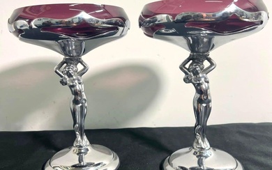 Pair of Nude Farber Chrome & Amethyst Glass Compote Art...