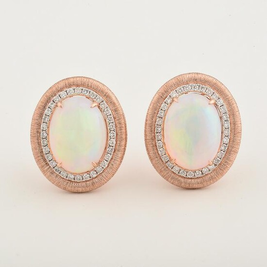 Pair of Opal, Diamond, 14k Rose Gold Earrings.