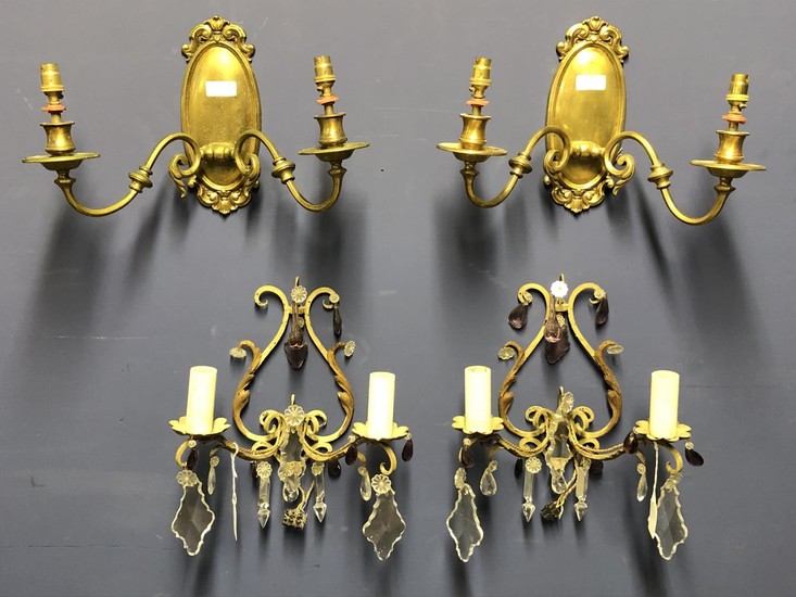 Pair of gilt & painted metal wall sconces with coloured & wh...