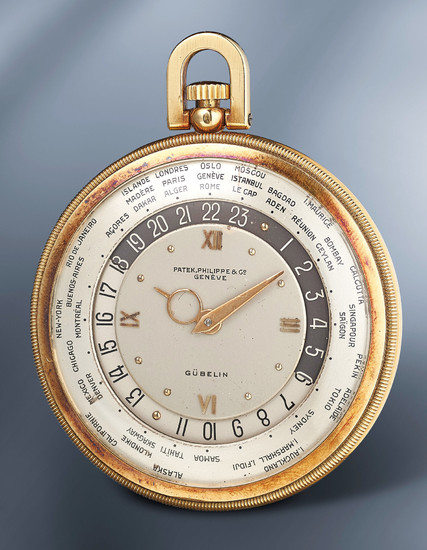 Patek Philippe, Ref. 605 A rare and elegant yellow gold open face world-time pocket watch with box