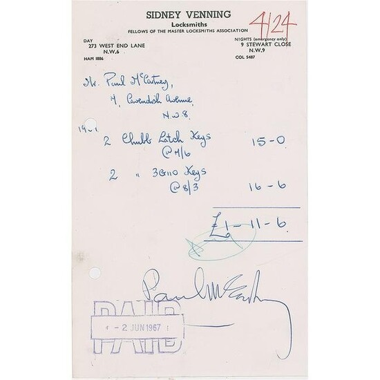 Paul McCartney Signed Receipt