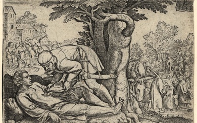 Pencz, Georg (±1500-1550). The Good Samaritan. Engraving, 7,5x11,2 cm., monogrammed...
