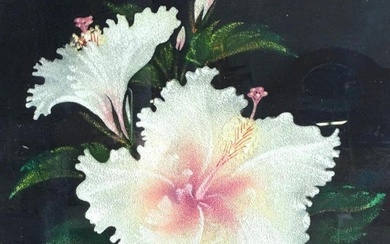Post War Hawaiian Airbrush Hibiscus Floral on Velvet in Frame Signed Frank Oda