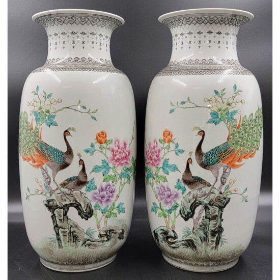 Pr Of 20th C Chinese Famille Rose Vases With Peacocks