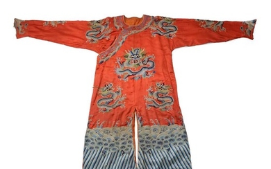 RED GROUND SILK EMBROIDERED 'DRAGON' ROBE 19TH-20TH CENTURY