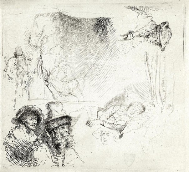 REMBRANDT VAN RIJN Sheet of Studies, with a Woman Lying Ill in Bed,...