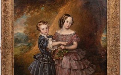 RICHARD AUGUSTUS CLACK (BRITISH, 1804-81), OIL ON CANVAS, 1856, H 24", W 20", CHILDREN WITH BUTTERFLY
