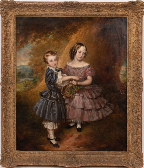 RICHARD AUGUSTUS CLACK (BRITISH, 1804-81), OIL ON CANVAS, 1856, H 24", W 20", CHILDREN WITH BUTTERFLY