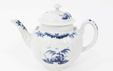 Rare Worcester small strap-fluted teapot and cover, circa 1755, painted in blue with the Fisherman and Willow Pavilion pattern, workman's mark to base, 11cm high