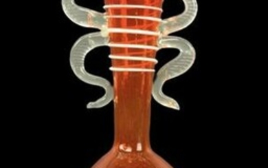 Red Art Glass Vase With Applied Snake Handles