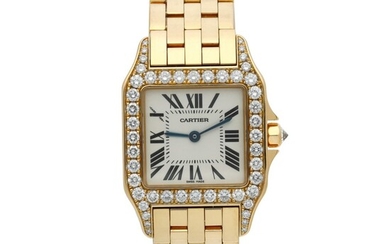 Reference 2702 Santos Demoiselle A yellow gold and diamond-set square shaped wristwatch with bracelet, Circa 2000